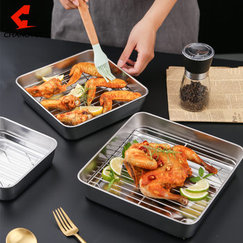 Stainless Steel Deepened Baking Tray Japanese Style Flat Bottom Hotel Tray Square Drain Tray with Lid Preservation Box