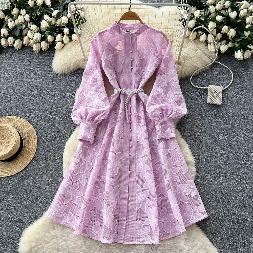 French Vintage Court Style Embroidered A Line Dress Hollow Out Lantern Sleeves Waist Tie Round Neck Elegant Evening
