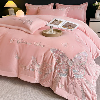 New 75D Fully Matte Super Soft Cherry Blossom Velvet Embroidered Four-Piece Set Milk Velvet Accessible Luxury Embroider Four-Piece Set for Sleeping Naked