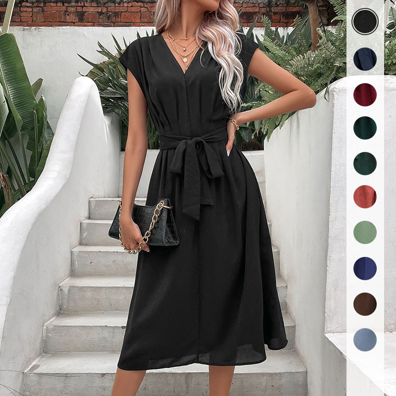 Elegant Black V Neck Dress Minimalist Style Versatile Fit Summer Fashion Wholesale Available