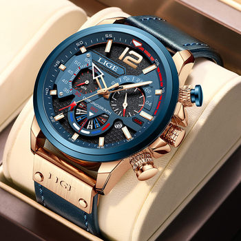 Lige Brand Watch with Three Sub-Dials, Six Hands, Chronograph, Calendar, Quartz Movement, Hot-Selling, Waterproof, Luminous, Popular Men's Large Dial Watch