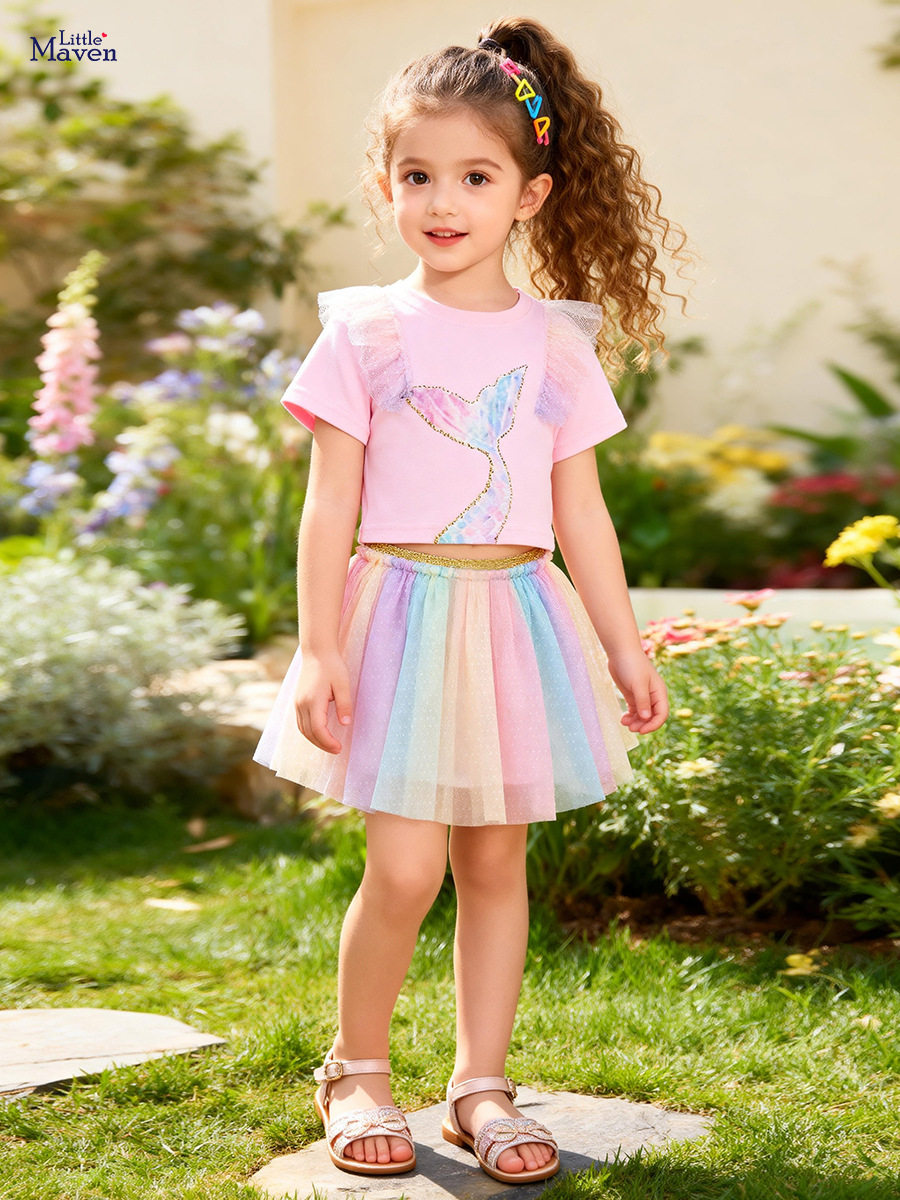 New Summer Girls' Mesh Dress Set, Cartoon Cute Style Kids' Outfit