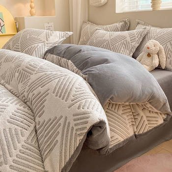 Autumn and winter milk velvet coral four-piece flanged suede bed sheet double-sided fleece-lined thick quilt cover three-piece set