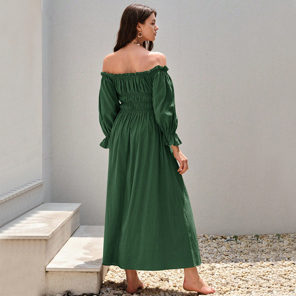 Vintage One Shoulder Lantern Sleeve Maxi Dress Elegant Design Flowy Silhouette Comfortable Fabric Perfect for Parties
