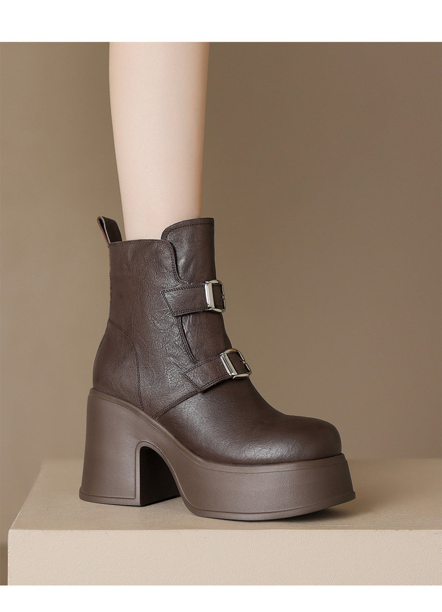 Boot nữ cổ thấp da bò thật khóa kéo bên hông, đế dày tăng chiều cao — Lớp lót đơn màu đen, Lớp lót đơn màu nâu, nhung đen, Nhung nâu