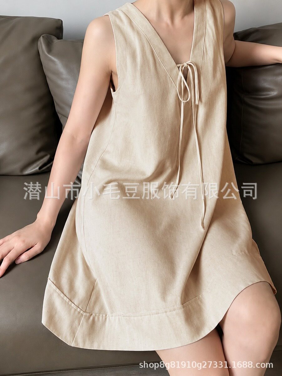 Summer A Line Sleeveless V Neck Dress Loose Fit Tie Waist Cotton Linen Blend Apricot Color Casual Wear Wholesale