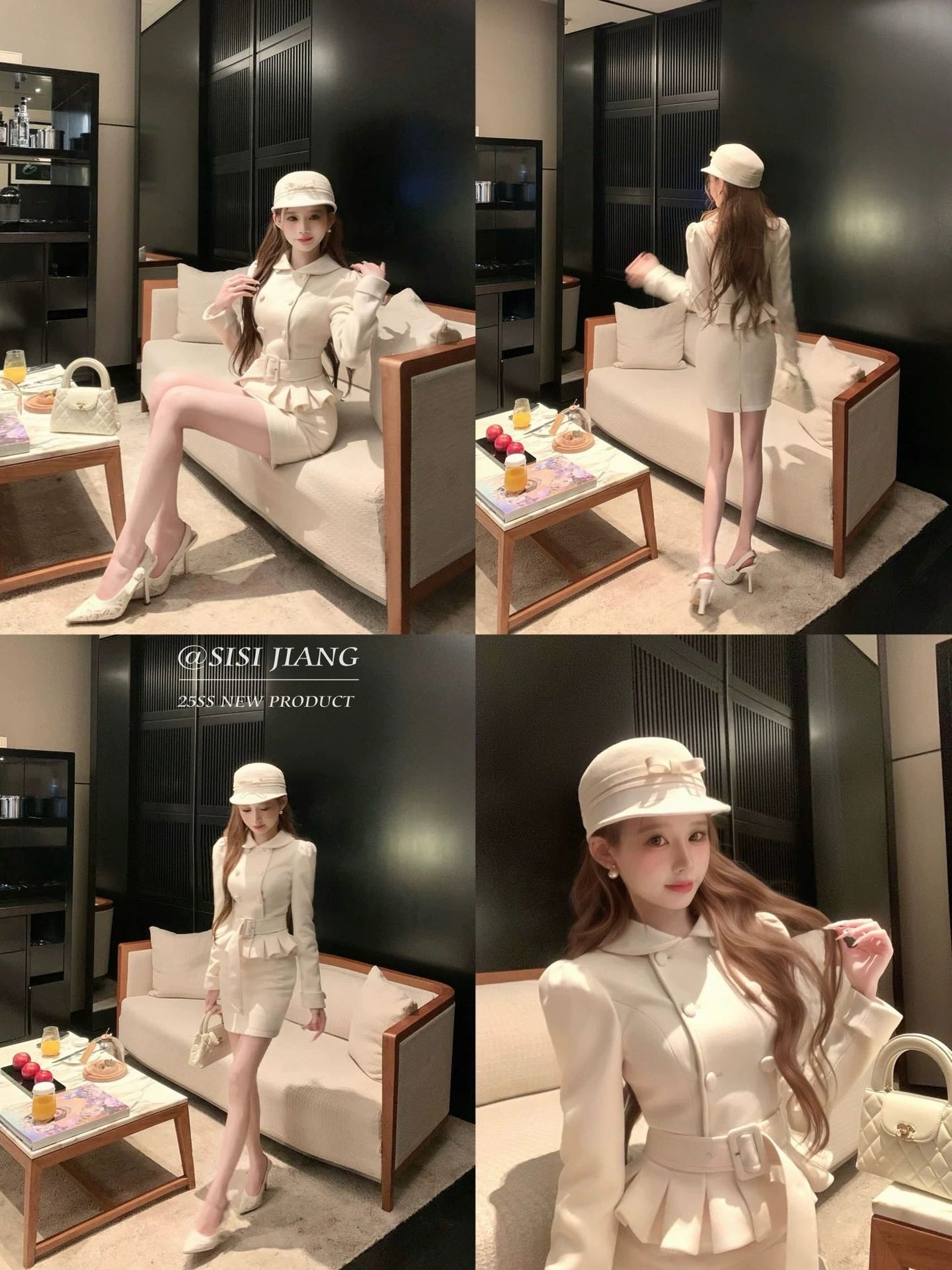 Free Belt, Small Fragrant Lapel, Double-Breasted Waist-Cinching Thickeneded Woolen Jacket + Hip-Covering Short Skirt Two-Piece Set for Women in Autumn and Winter