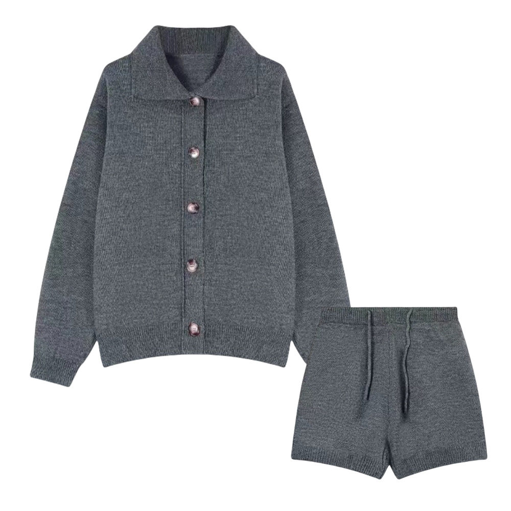 suit Women Autumn and Winter New Korean Fashion Lapel Sweater Cardigan Women's High Waist Slimming Wide Leg Shorts Two-piece Set