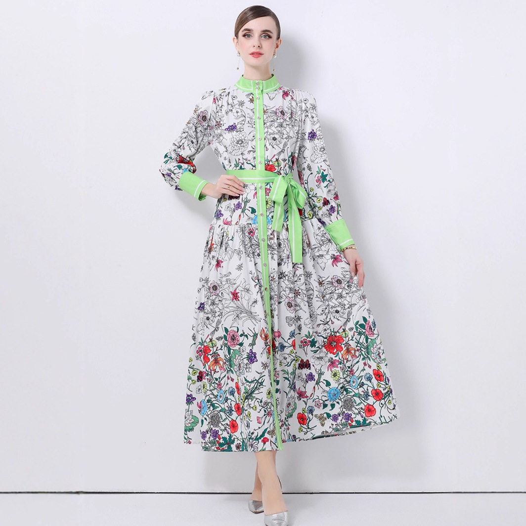 Vintage Elegant Printed Maxi Dress for Women Autumn Style Tie Waist Button Front Flared Skirt Wholesale Available
