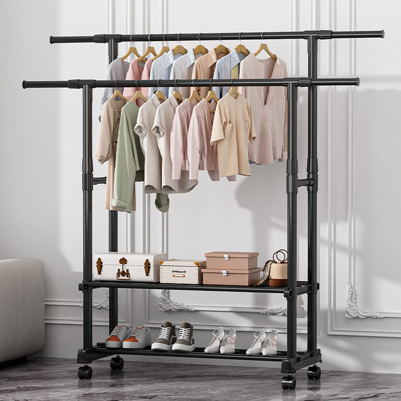 Floor-Standing Folding Indoor Bedroom Clothes Rack, Household Single-Pole Balcony Clothes Drying Rack, Adjustable Simple Clothes Hanger