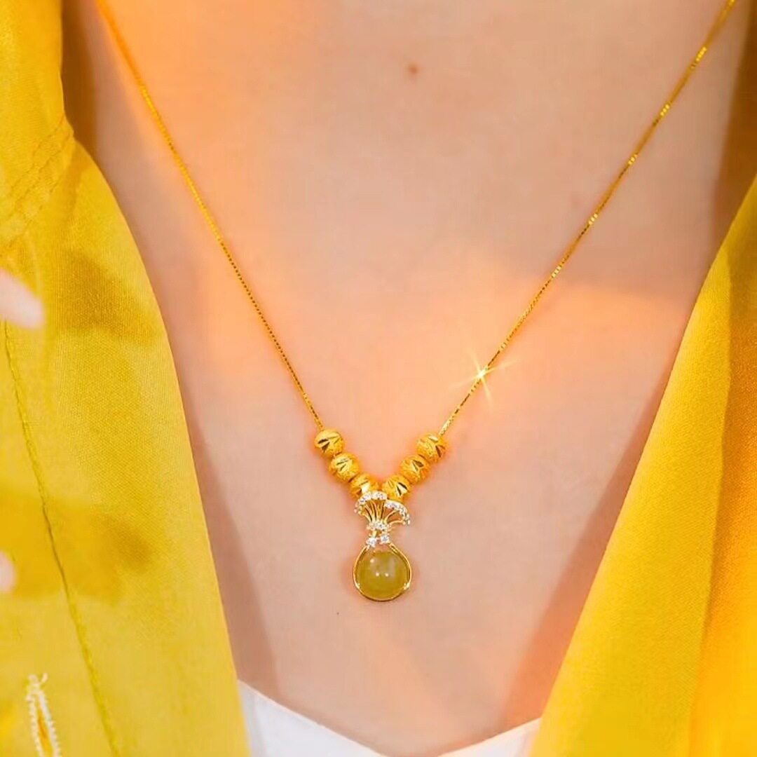 Net red gold money bag pendant green jade Ruyi necklace pull adjustable Universal chain exquisite clavicle chain