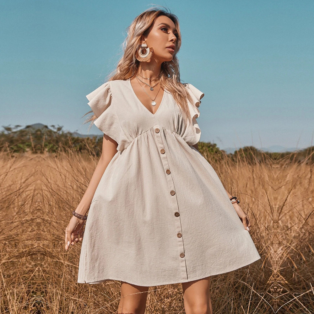 V Neck Button Down A Line Dress Floral Print Versatile Comfortable Fabric Casual Wear Spring Summer Wholesale