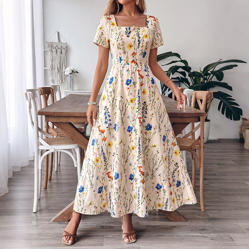 Floral Print Square Neck Short Sleeve Dress French Vacation Style Summer Collection Wholesale Available