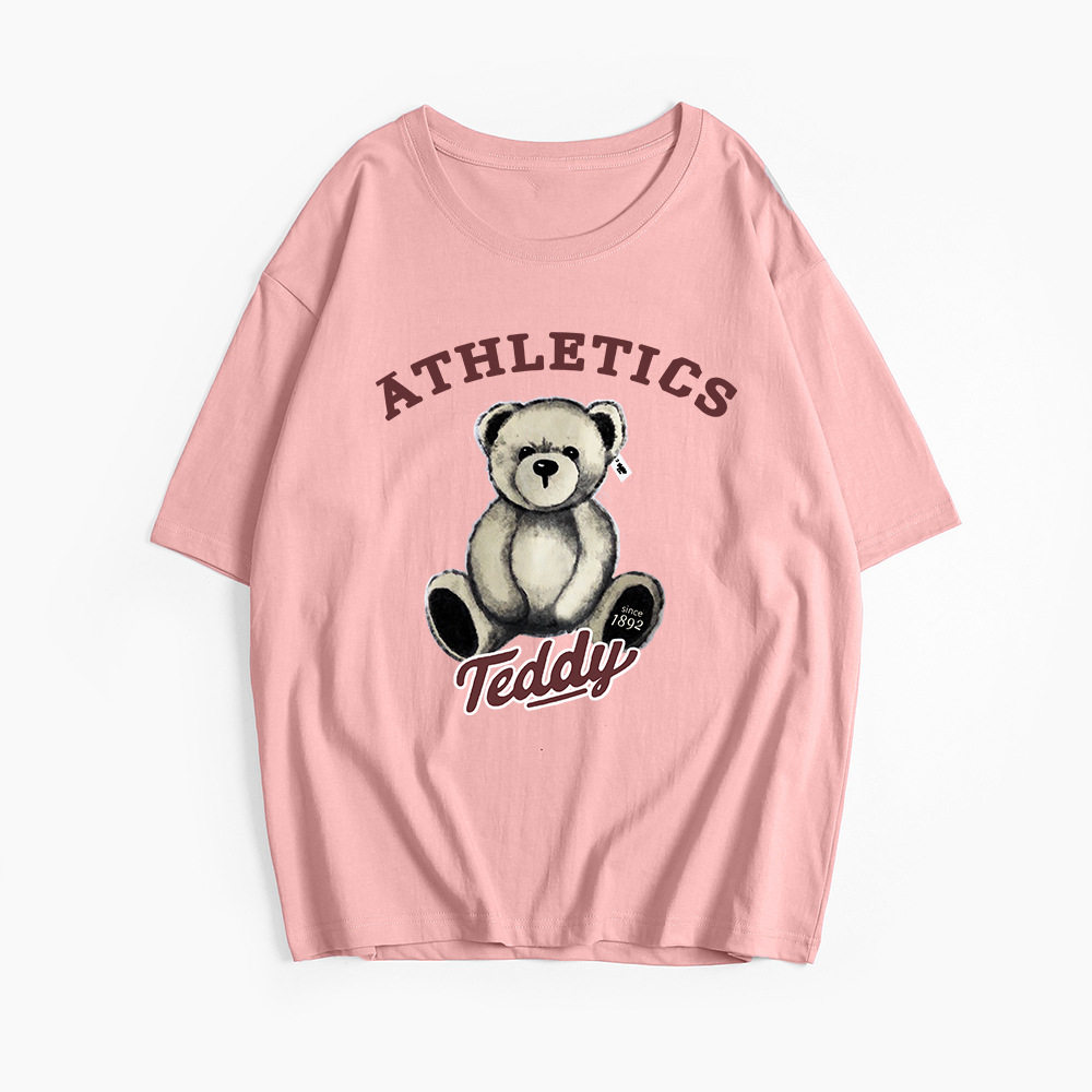 Womens Summer Loose Fit T Shirt Cute Bear Print Round Neck Short Sleeve 100 Cotton Casual Wear Wholesale
