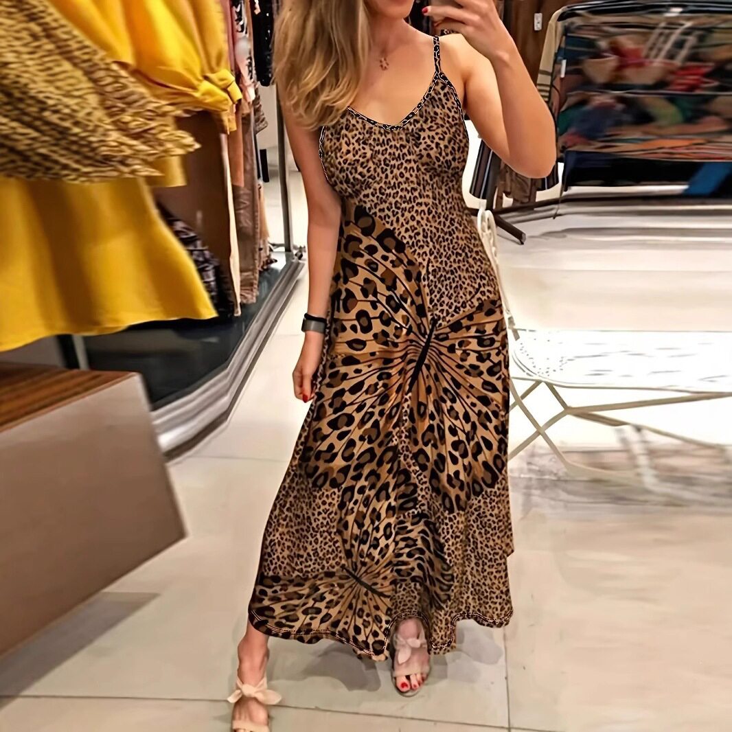 Womens Leopard Print Butterfly Floral Maxi Dress Sleeveless Lightweight Trendy Design Perfect for Summer Events