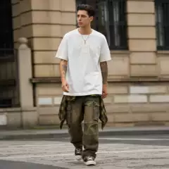OKONKWO heavy thick 245g old era solid color short sleeve Henry collar T-shirt henry shirt TEE