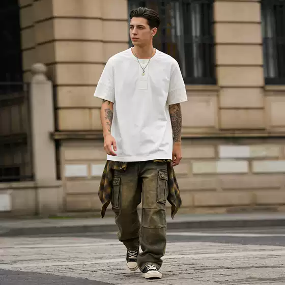 OKONKWO heavy thick 245g old era solid color short sleeve Henry collar T-shirt henry shirt TEE