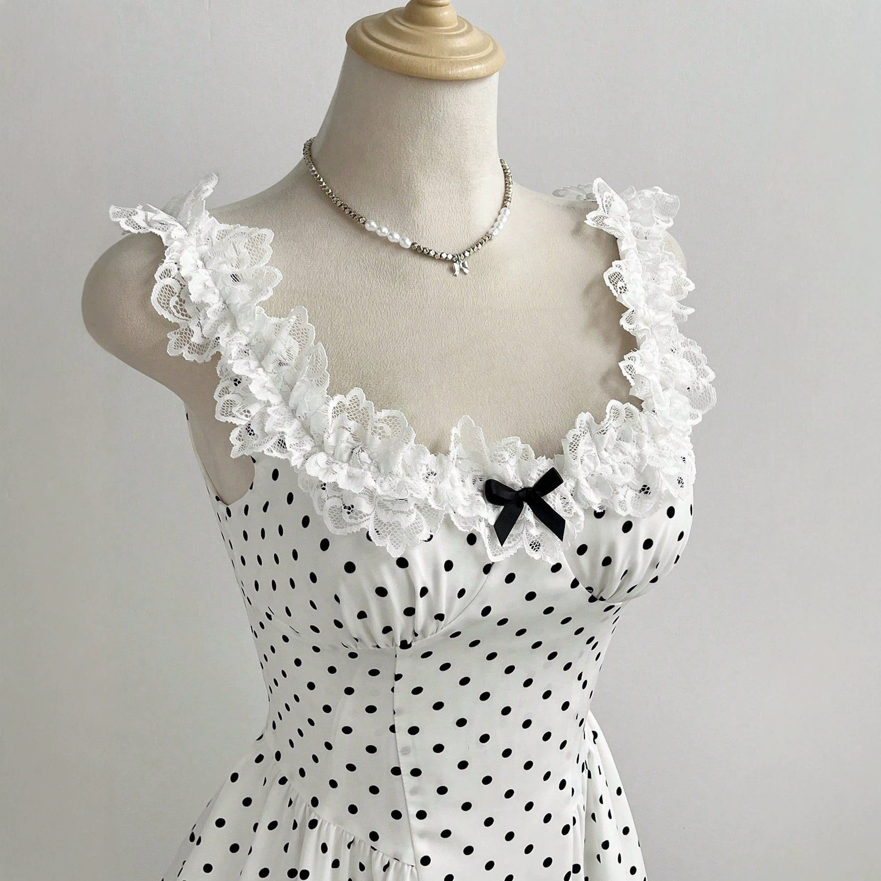 Mini A Line Dress Lace Trim Polka Dot Bow Detail Casual Wear for Women Ready to Ship fast shipping