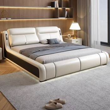 Multifunctional Italian-Style Light Luxury Genuine Leather Modern Simple Children's Bed Adjustable New Bedroom Storage Large Bed