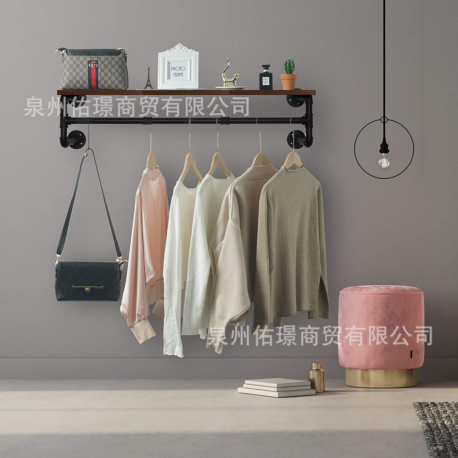 Industrial Water Pipe Wall-Mounted Clothing Rack Hanger with Top Rack Display Hanging Hanger One-Word Shelf Wall Hanging Hanger