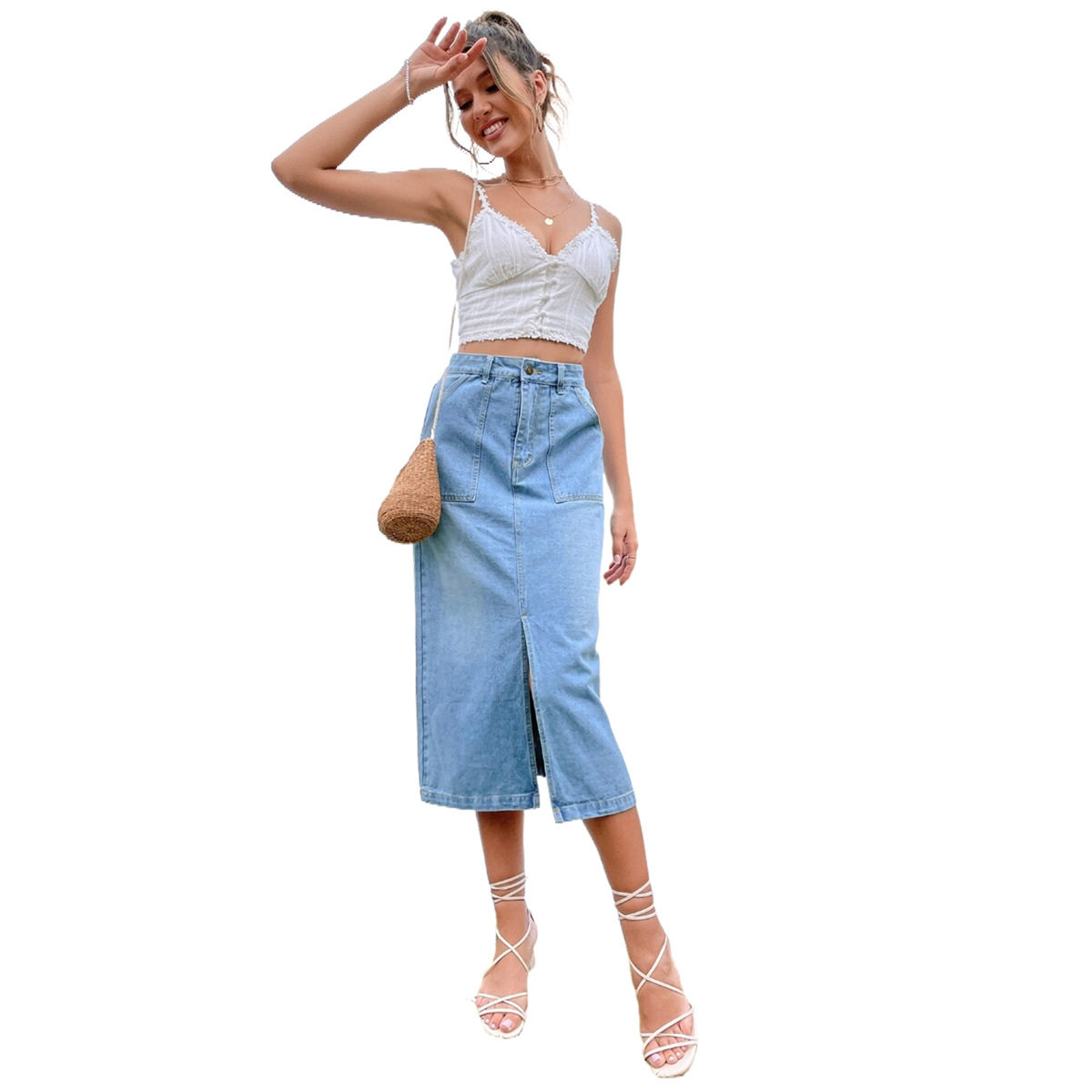 A Line Split Hem Denim Skirt Elegant Design High Waist Comfortable Fit Casual Wear Spring Summer Wholesale