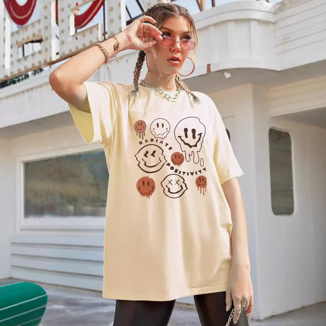 Cotton Short Sleeve T Shirt Smile Print Casual Style Comfortable Fit Ready to Ship Wholesale Available