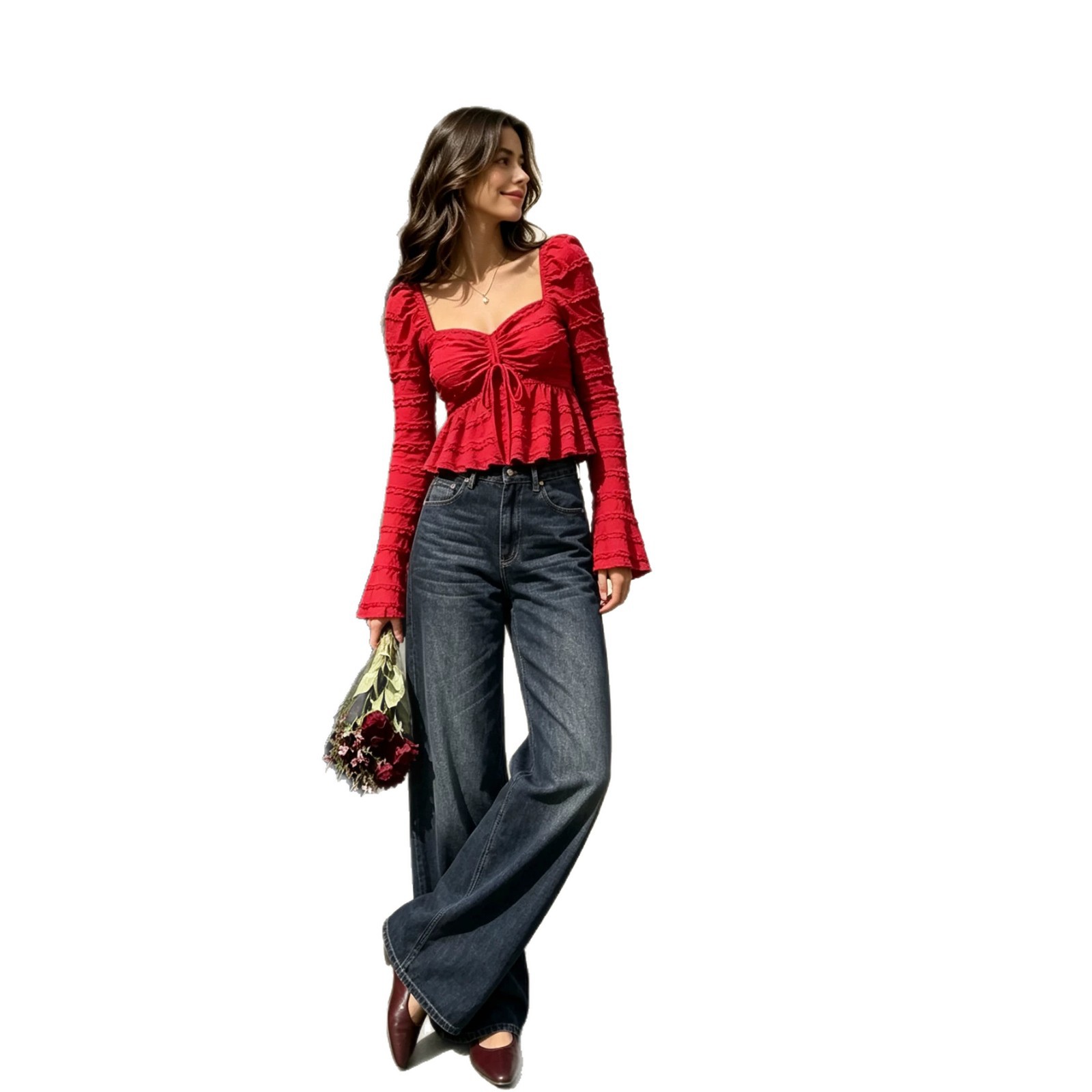 Vintage Red Textured Top Square Neck Drawstring Waist Backless Ruffle Bell Sleeves Autumn Winter Fashion