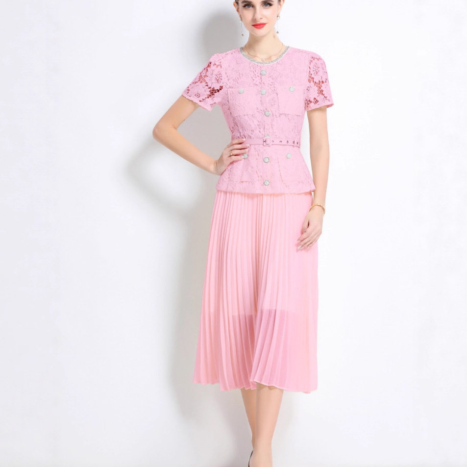 French Style Elegant Short Sleeve Lace Dress Slim Fit Round Neck Beaded Design Pleated Mid Length Perfect for