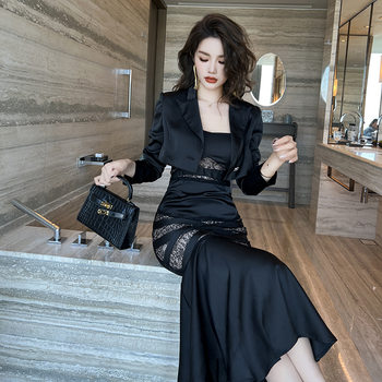 2025 New Autumn Clothing, Royal Sister Style Short Suit with Suspenders, Waist-Cinching Long Fishtail Skirt Two-Piece Set 10206