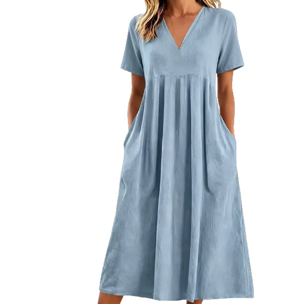Womens Casual Loose V Neck Short Sleeve Dress Solid Color Spring Summer Style Wholesale Availability