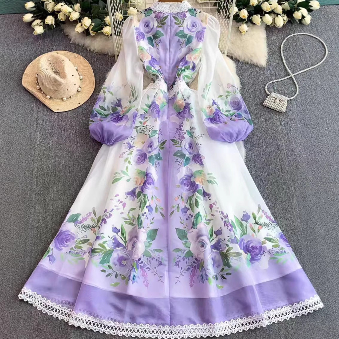 Vintage French Style Lace Printed Round Neck Dress for Women Spring and Autumn Waist Defining Flowy A Line Elegant