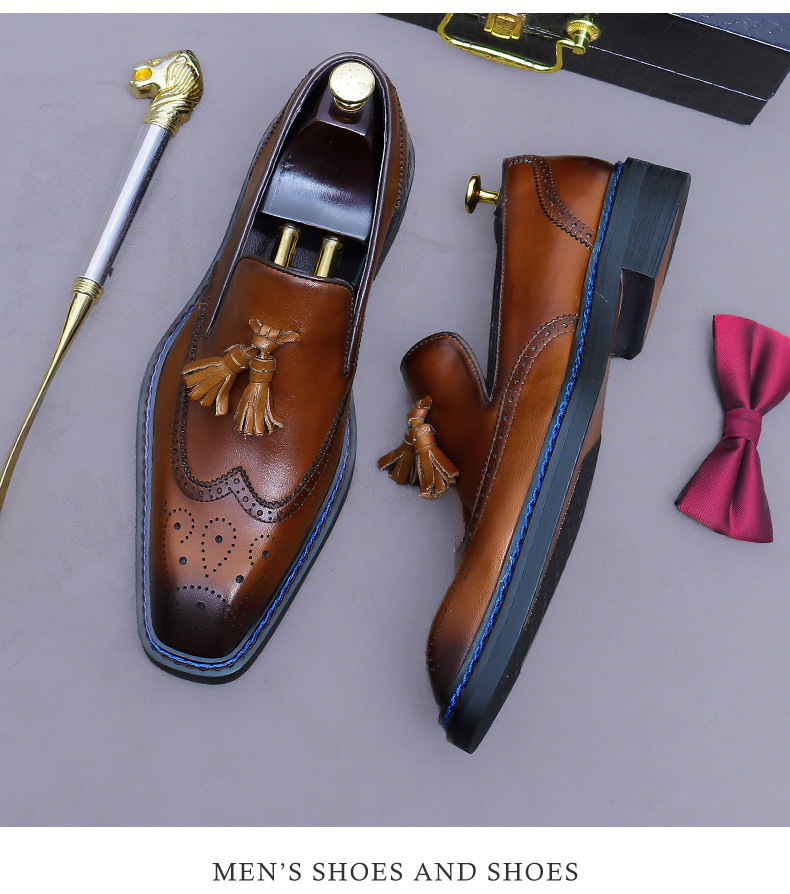 Giày da nam da bò thật chạm khắc brogue cổ thấp kiểu lười có tua rua — Màu nâu (cạnh xanh), Màu nâu (viền đen), đen (cạnh xanh), đen (viền đen)