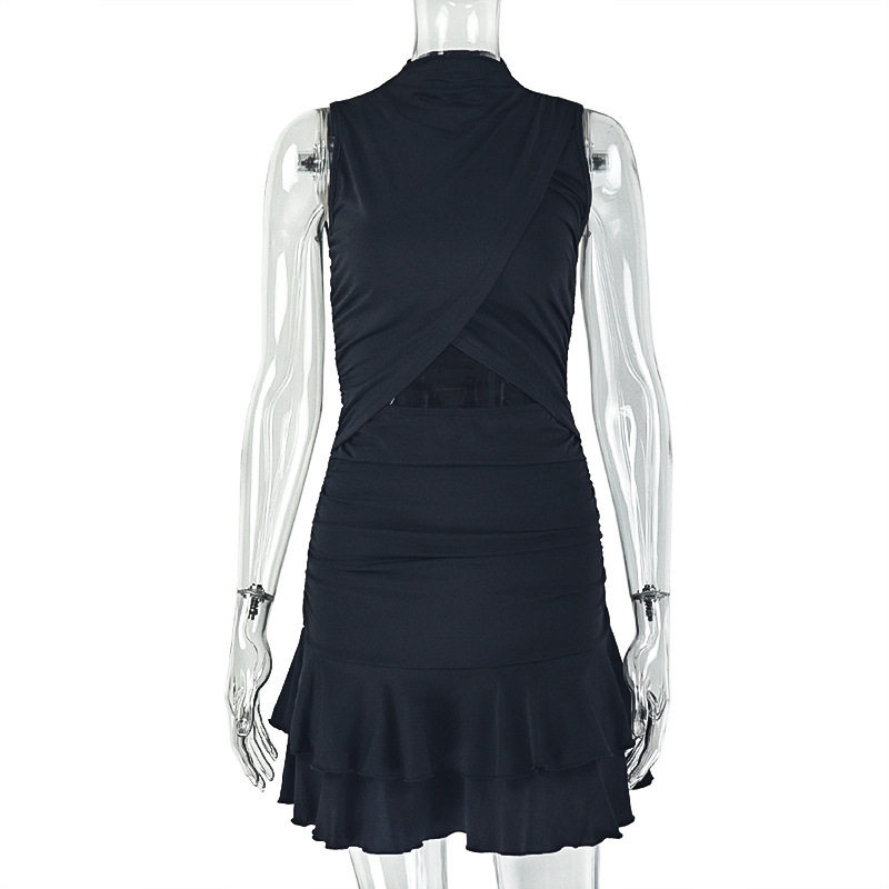 Solid Color A Line Dress for Women Ruffled Waist Hollow Out Design Short Sleeve Casual Style Wholesale Available