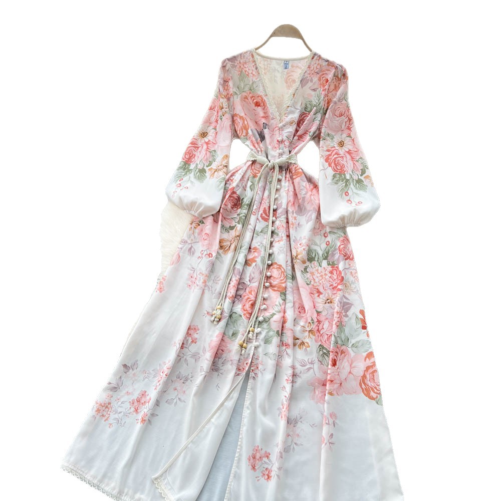 French Vintage Style Maxi Dress for Women Autumn Floral Print V Neck Tie Waist Button Closure Elegant Evening Wear