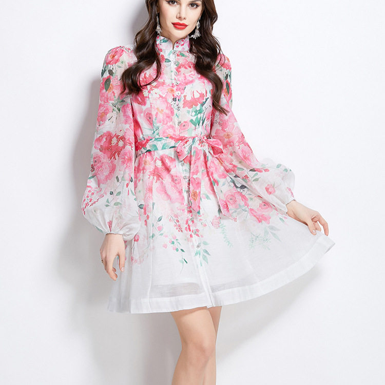 Elegant Spring Dress Stand Collar Single Breasted Lantern Sleeves Floral Print Waist Tie Perfect for Parties and