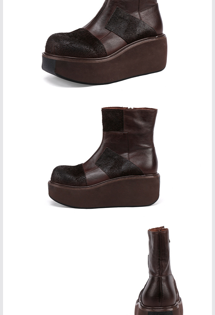 Boot nữ cổ thấp da bò thật đế dày phong cách cổ điển — màu cà phê, màu xám