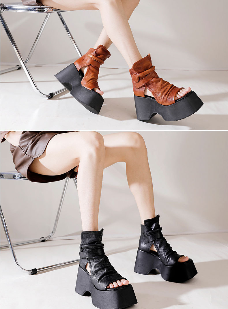 Bốt sandal nữ đế dày mũi hở cá tính phong cách cổ điển — Màu đen, Màu nâu