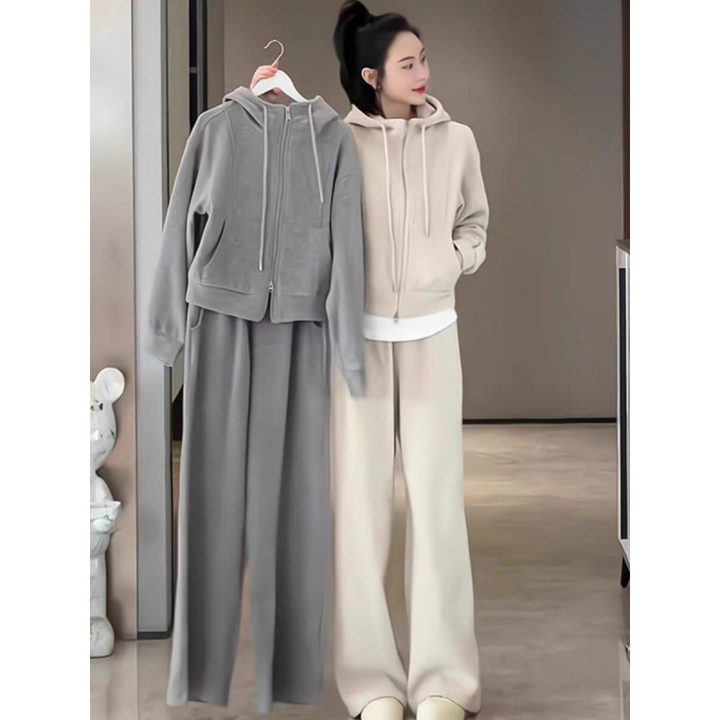 Internet Celebrant Fashion Sportswear suit Women's Autumn and Winter fleece-lined Thickened Hooded Sweatshirt Wide Leg Pants Casual Two-piece Set for Running