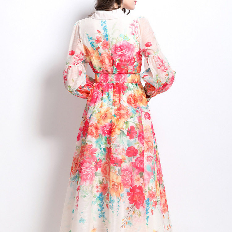 Elegant Womens Long Dress Spring Floral Print Waist Defined Lantern Sleeves Suit Collar Perfect for Formal