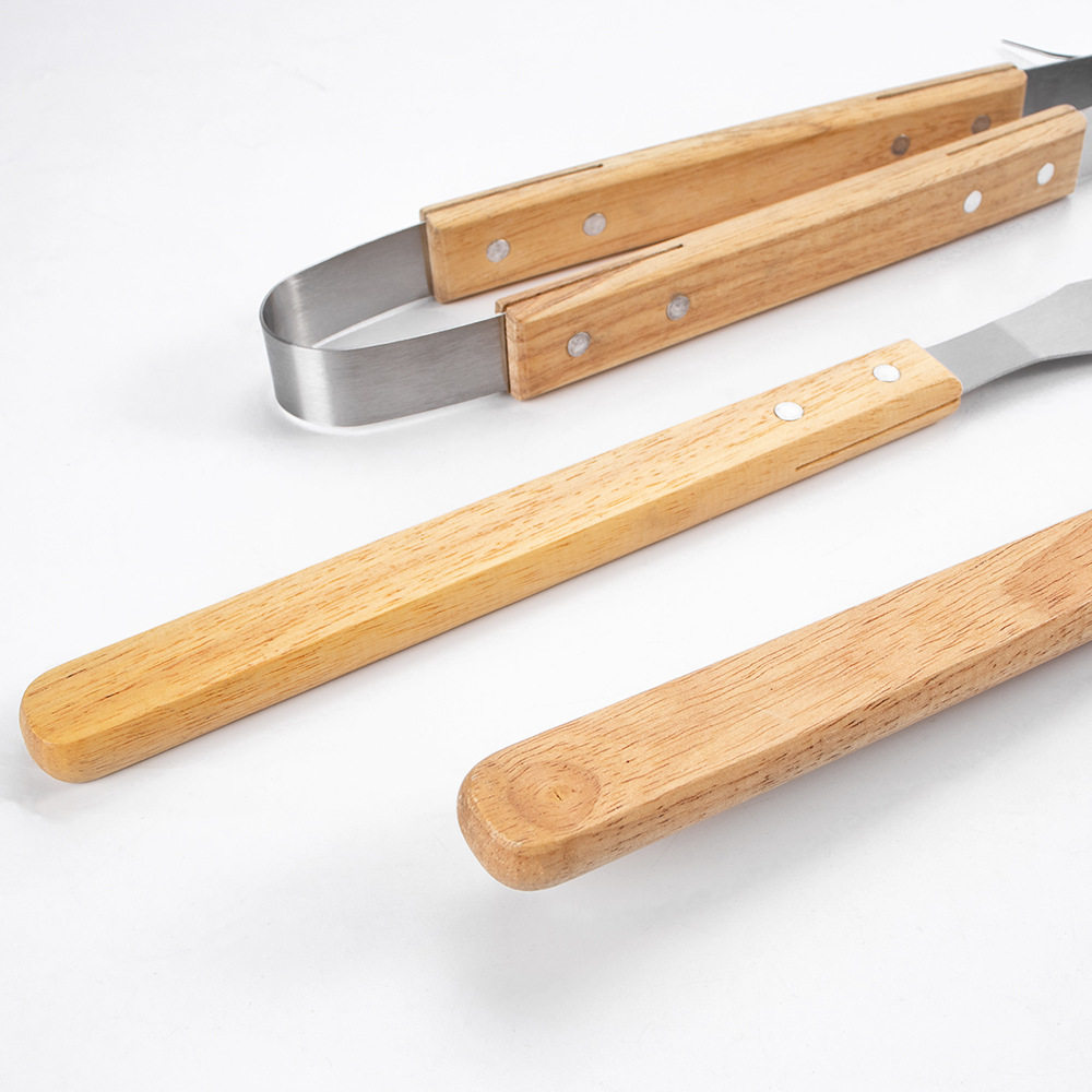 Outdoor barbecue tools stainless steel three-piece oak handle grill fork shovel clip BBQ barbecue utensils cross-border exclusive
