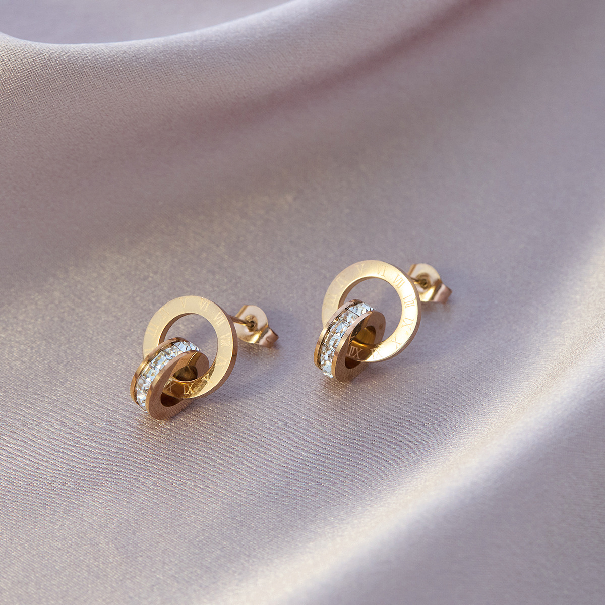 クラシック ダブル リング スタッド ピアス ローズゴールド