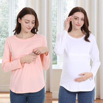 2025 new spring and autumn pregnant women's coat long sleeve T-shirt cotton zipper nursing clothes European and American plus size in stock S-5XL