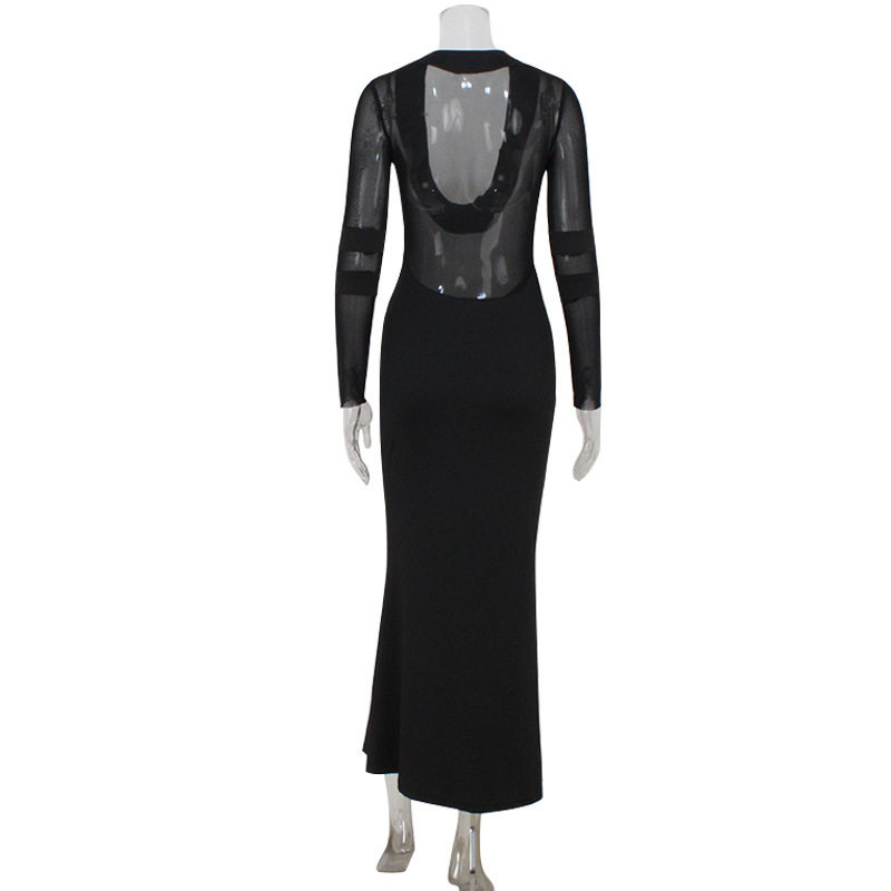Elegant Mermaid Maxi Dress Deep V Neck Sheer Mesh Panels Bodycon Fit Solid Color Perfect for Evening Events OEM