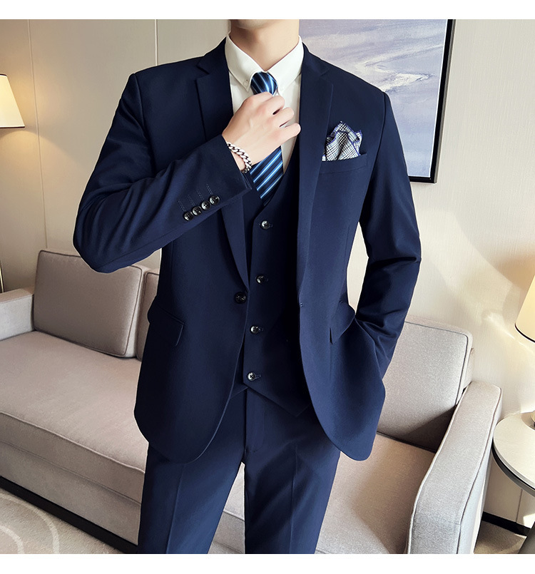 Bộ com-lê nam ba mảnh dáng ôm, áo vest một hàng khuy phong cách công sở — Màu xám (áo một nút + áo vest + quần), Màu xanh (áo một nút + áo vest + quần), Màu đen (áo một nút + áo vest + quần), Màu xanh navy (áo một nút + vest + quần)