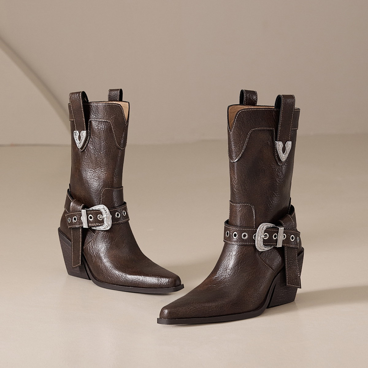 Boot nữ cổ thấp da bò gót xuồng mũi nhọn khóa thắt lưng — Lớp lót đơn màu đen, Lớp lót đơn màu nâu, Lót nhung đen, Lót nhung màu nâu