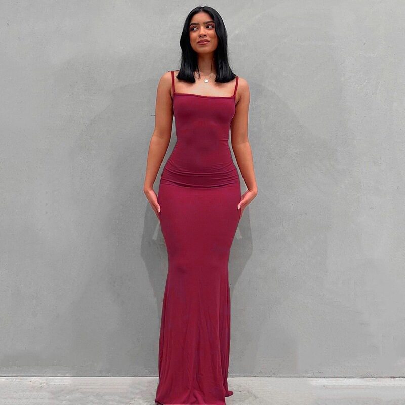Womens Solid Color Bodycon Maxi Dress Spaghetti Straps Mermaid Hem Peach Butt Lift Elegant Evening Wear Wholesale