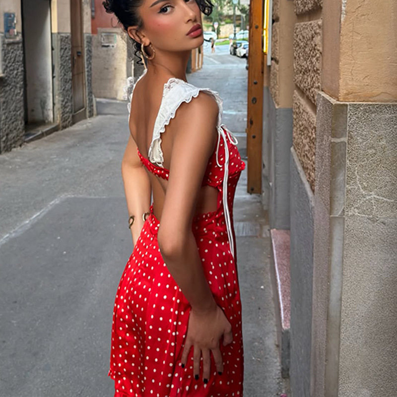 French Style Polka Dot A Line Dress Satin Feel Waist Defining Backless Lace Details Perfect for Summer Events