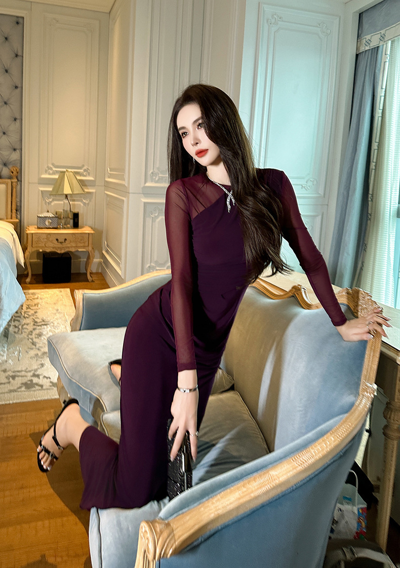 Đầm body nữ dài tay phối lưới gợi cảm dáng ôm tôn eo — Màu đen, Màu tím mâm xôi