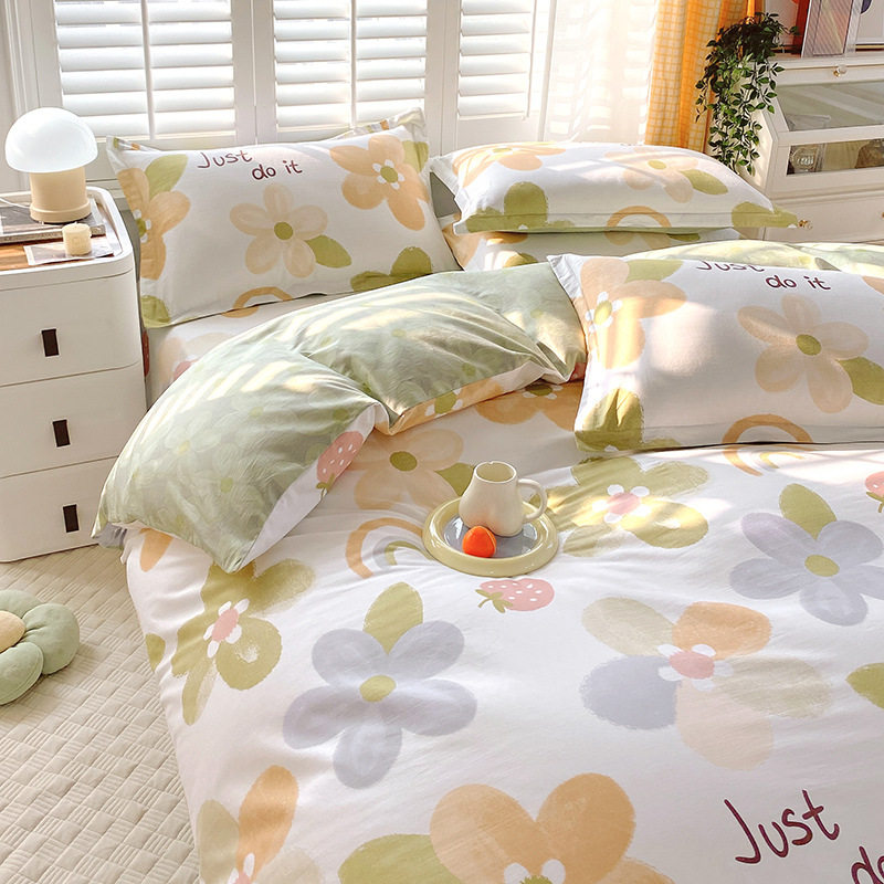 Pure cotton four-piece set 100 cotton one-piece quilt cover bed hat three-piece set Spring and Autumn single student dormitory quilt cover