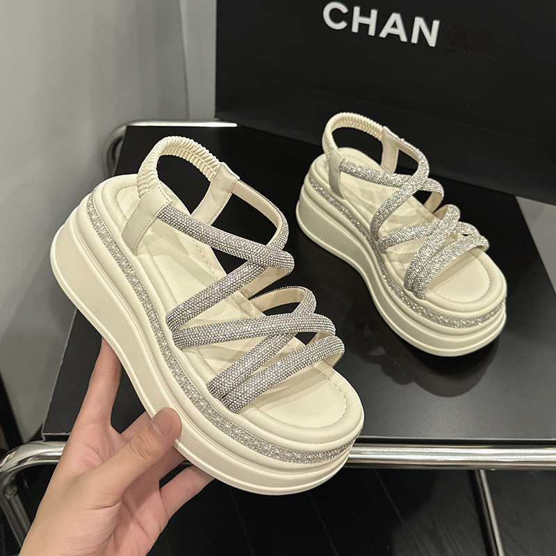 Dép sandal nữ quai chữ V đơn giản phong cách La Mã — Đen, Len nguyên chất